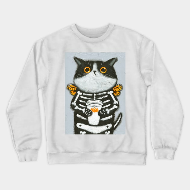 Skellie Coffee Cat Crewneck Sweatshirt by KilkennyCat Art